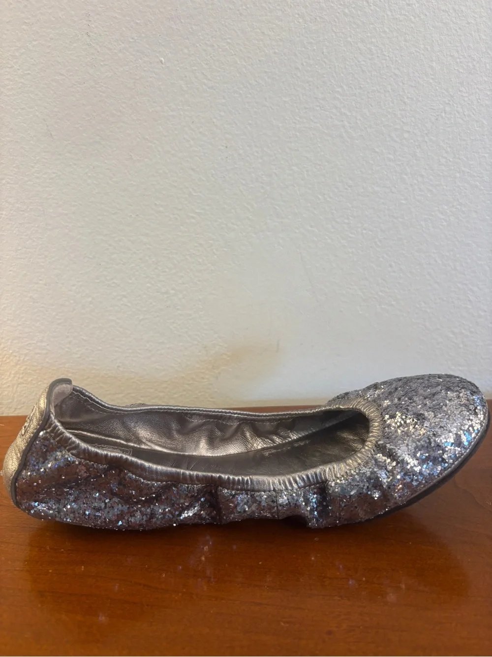 Tory Burch Eddie Pewter Leather Glitter Ballet Flats